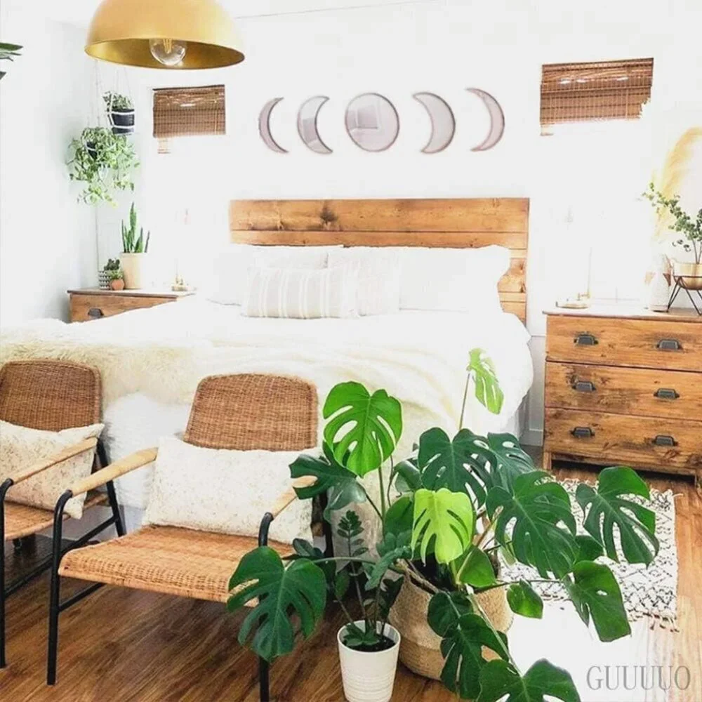 🆕Natural Wall Decorative Mirror Interior Design Wooden Moon Phase Living Room
